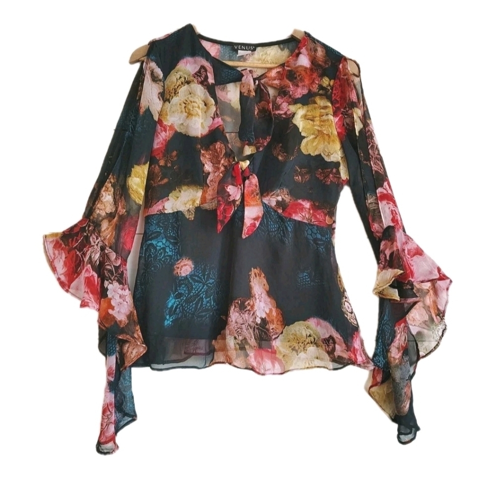 Venus Womens Y2K Fairy Grunge Sheer Babydoll Top Size 8 Floral Asymmetrical